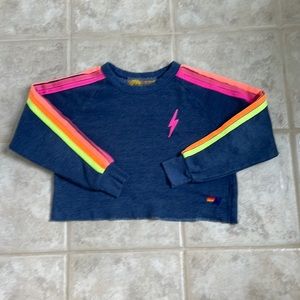 AV XS Bolt Embroidery Classic Cropped Crew Sweatshirt in color Heather Navy Neon